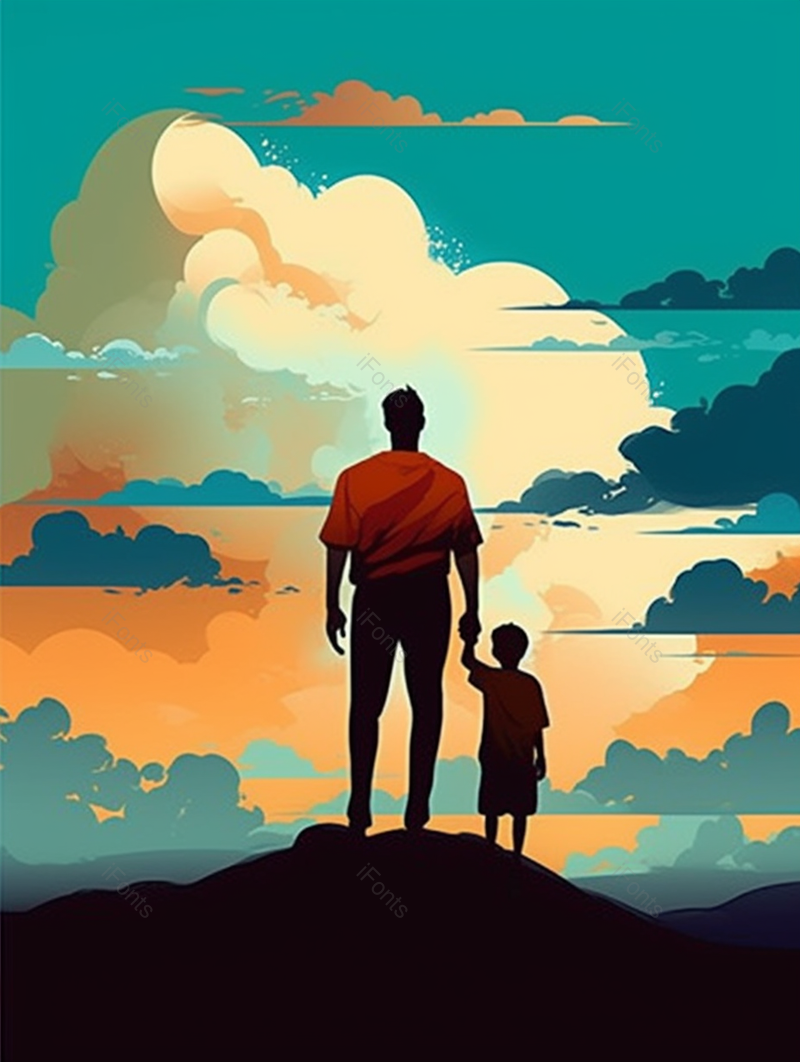 父亲节卡通插画父亲拉着孩子的手看天空温馨的场景,插画/手绘图,插画/手绘图库,插画/手绘图下载,插画/手绘